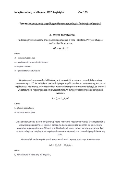 Sprawozdanie Fizyka Imi Nazwisko Nr Albumu Wiz Logistyka W