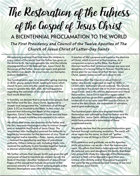 The Restoration Of The Fulness Of The Gospel Of Jesus Christ LDS April