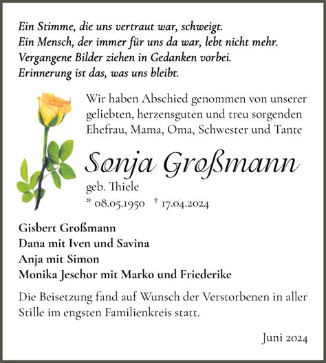 Traueranzeigen von Sonja Großmann abschied nehmen de