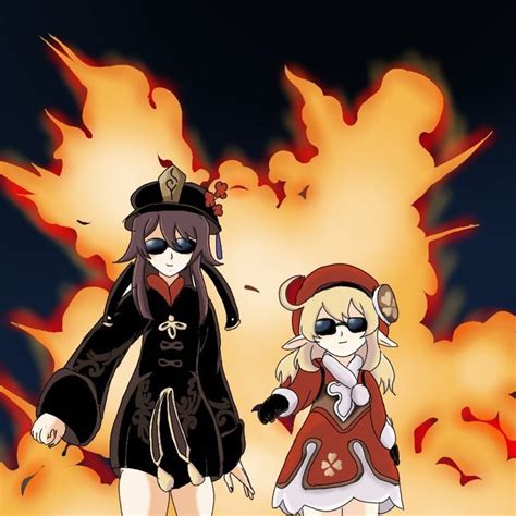 Two Anime Characters Standing Next To Each Other In Front Of A Blazing