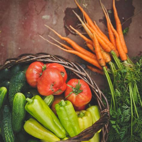 Directamente Sobre Las Verduras Orgánicas En Una Cesta De Mimbre Foto