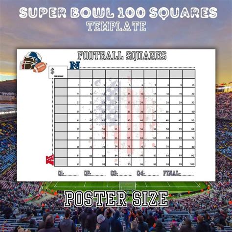 POSTER Size Football Squares Printable, the Big Game Squares, 100 ...