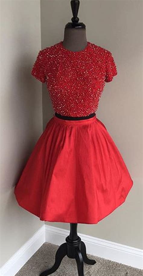 Two Piece Homecoming Dresses Short Sleeves Prom Dress Beaded Cocktail