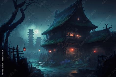 Fantasy Japanese Village at Night, Concept Art, Digital Illustration ...