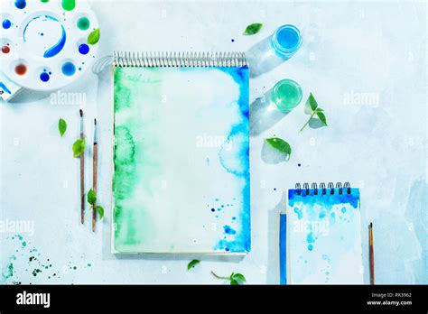 Painting Spring Concept With Artist Tools Green And Blue Watercolor