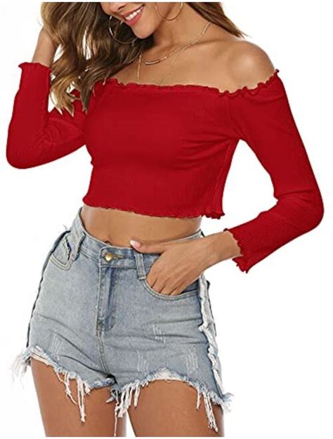 Buy Prettoday Womens Sexy Off Shoulder Crop Tops Short Sleeve Shirts