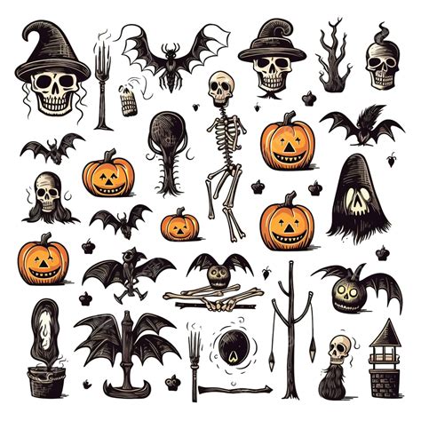 Doodle Set Of Halloween Elements Coffin Skull Raven Witchs Cauldron Pumpkin Spider Web Ghost