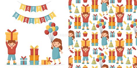 Birthday Giftxes Garlands Flat Vector Seamless Pattern Hand Drawn