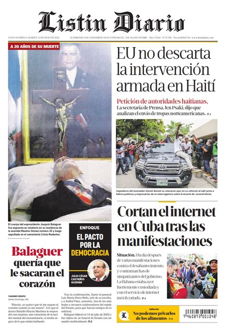 Portada Periódico Listín Diario Martes 13 Julio 2021 Dominicanado