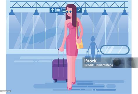 공항에서 소녀의 벡터 그림 공항에 대한 스톡 벡터 아트 및 기타 이미지 공항 기하 도형 디자인 Istock