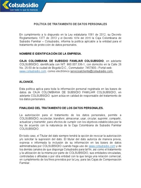 Politica De Tratamiento De Datos Personales Download Free Pdf Privacidad De La Información