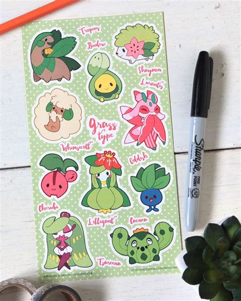 Grass Type Pokemon Sticker Sheet Pokemon Type Series | Etsy