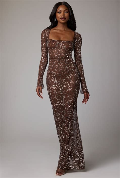 Isabeau Sheer Embellished Long Sleeve Evening Gown In Deep Cocoa Oh Polly