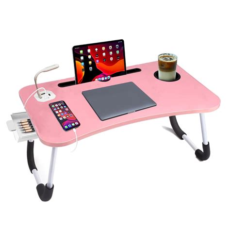 Laptop Bed Desk Foldable Laptop Bed Table Tray with USB Ports Storage Drawer and Cup Holder ...