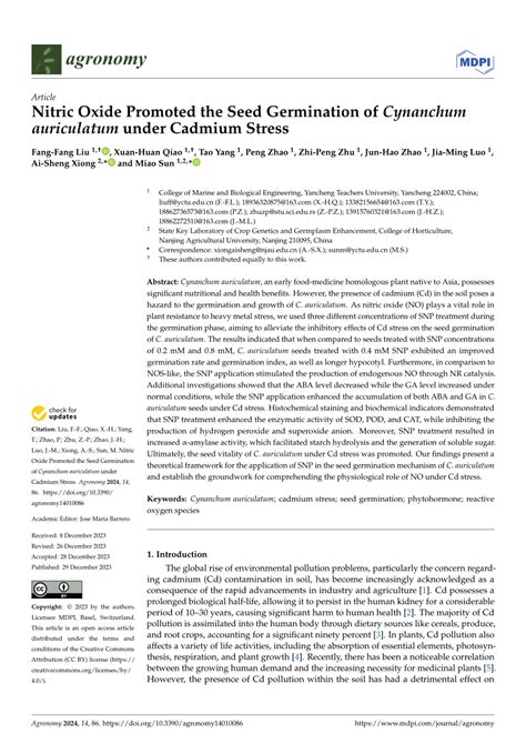 Pdf Nitric Oxide Promoted The Seed Germination Of Cynanchum Auriculatum Under Cadmium Stress