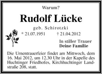 Traueranzeigen von Rudolf Lücke Trauer Gedenken