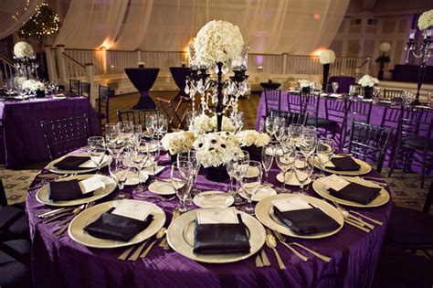 Romantic Royal Purple, Black and White Wedding Reception Dinner Table