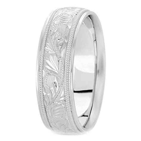 Wedding Band 14k White Gold 8 Mm Mens Diamond Cut Engraved Wedding Band