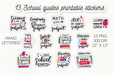 School subjects stickers. School quotes stickers set