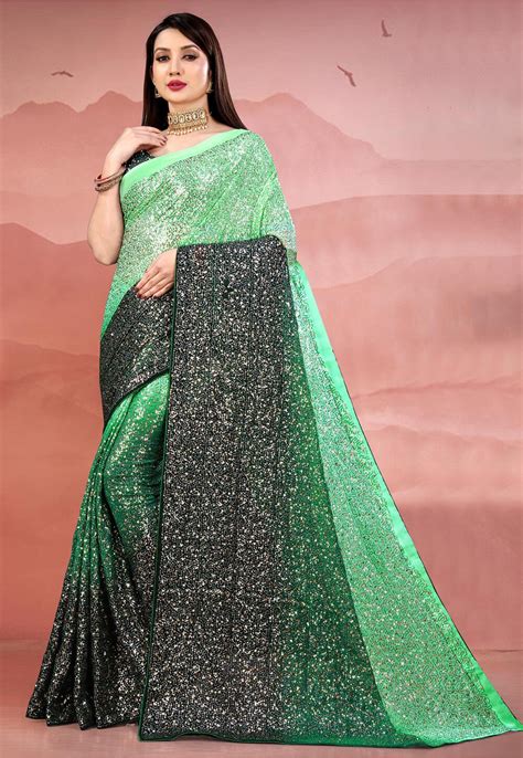 Buy Sequinned Georgette Saree In Shaded Green And Black Online