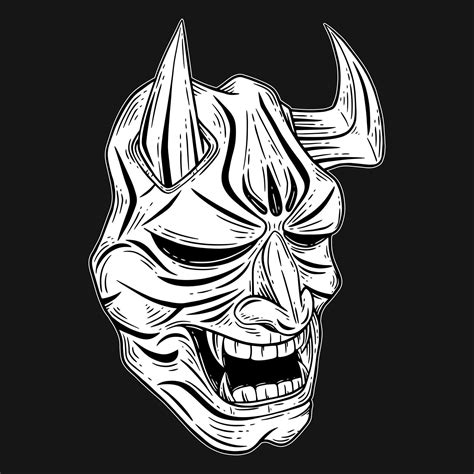 Dark Art Japanese Devil Oni Mask Tattoo Hand Drawn Engraving Style