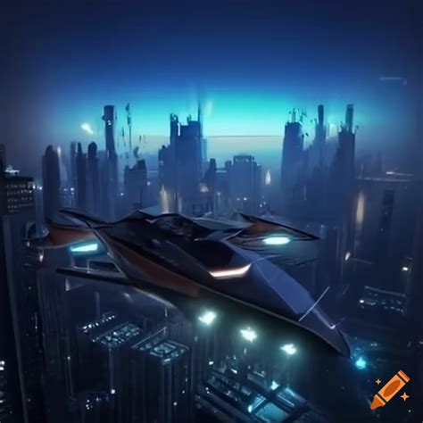 Sci Fi Flying Vehicle In A Futuristic City On Craiyon