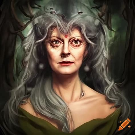 Portrait Of Susan Sarandon As A Grey Haired Medieval Witch In A Woodland Setting On Craiyon