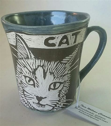 Sgraffito Carved Cat Mug Holds 250ml Liquid Sgraffito Pottery Mugs