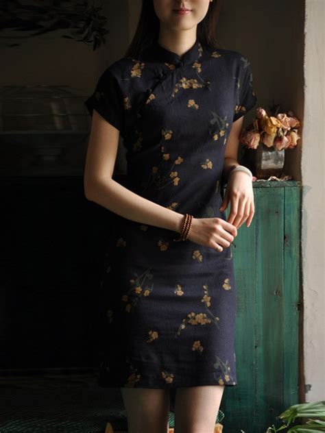 Dark Blue Short Floral Cheongsam Qipao Dress Cozyladywear