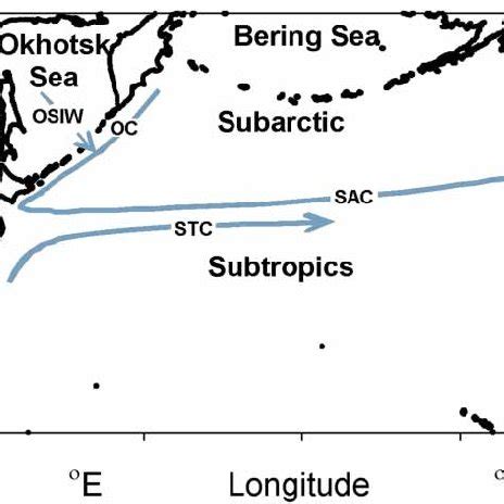 Map of the North Pacific Ocean showing major currents (OC, Oyashio ...