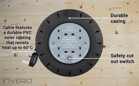 Invero® 4 Way Mains Socket With 5m Extension Lead Reel Cable Heavy Duty British Approved 13a