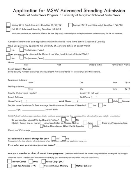 Fillable Online Ssw Umaryland Application For Msw Advanced Standing