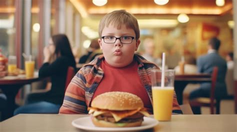 Lindo Gordo Feliz Ni O De A Os Con Una Hamburguesa En El Caf Foto