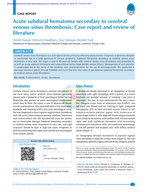 PDF Acute Subdural Hematoma Secondary To Cerebral Venous Sinus