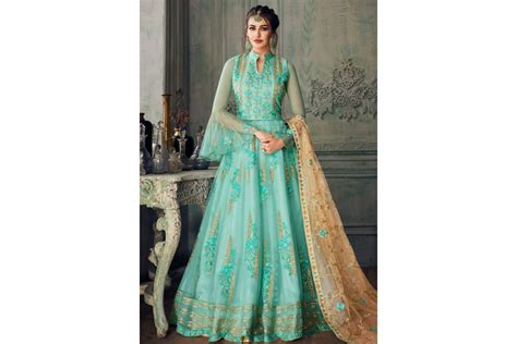 Sky Blue Heavy Net Embroidered Lehenga Style Anarkali Suit