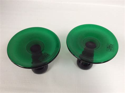 Pair Viking Glass Emerald Green Candle Holders