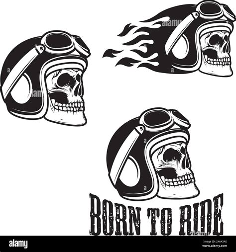 Skull In Motorcycle Helmet With Fire Born To Ride Retro Vector Design