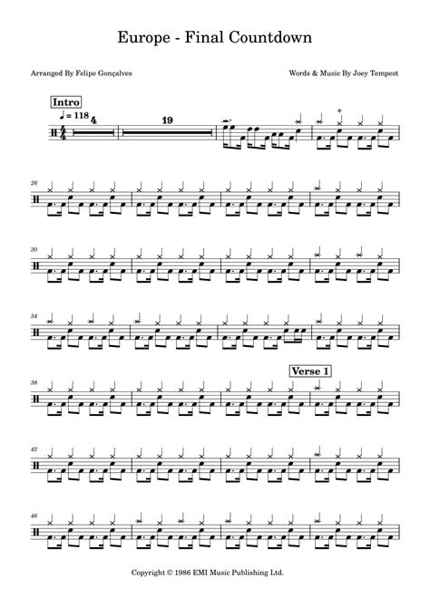 Final Countdown Arr Felipe Gonçalves By Europe Sheet Music For Drums At Sheet Music Direct