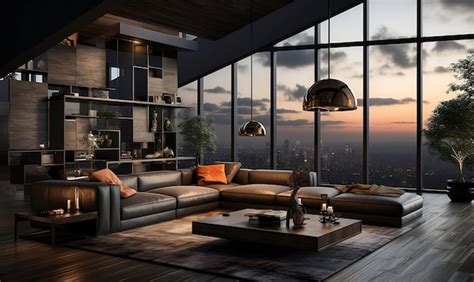 Premium AI Image | black theme interior design house with sunset view