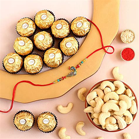 Sneh Peacock Rakhi With Cashews Ferrero Rocher Exp Uk Gift Sneh