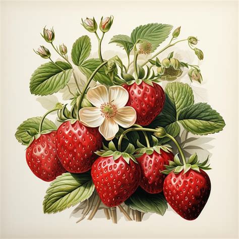 lush strawberry botanical illustration ripe berries  blossoms