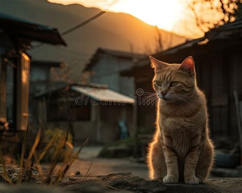 Lazy Cat Wandering In Village At Sunset Stock Illustration