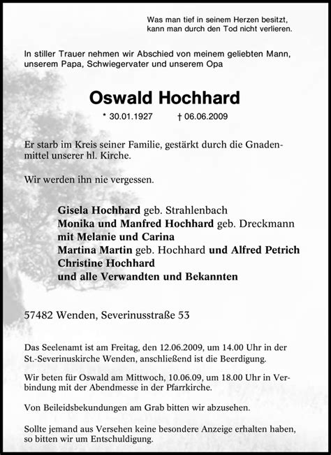 Traueranzeigen Von Oswald Hochhard Trauer In Nrw De