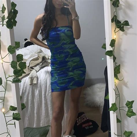 Naanaa Ruched Mesh Mini Dress In Blue And Green Depop