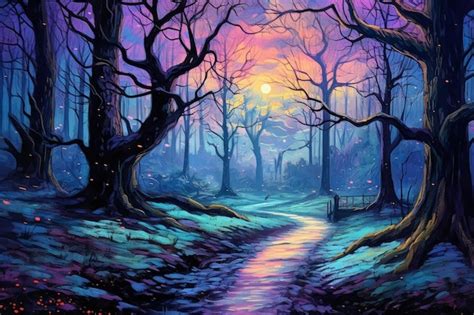 Una Pintura De Un Bosque Con Un Arroyo Que Lo Atraviesa Foto Premium