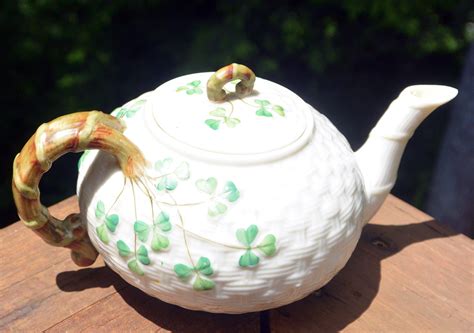 Belleek Teapot Gold Shamrock Basket Weave Hand Painted Etsy Tea