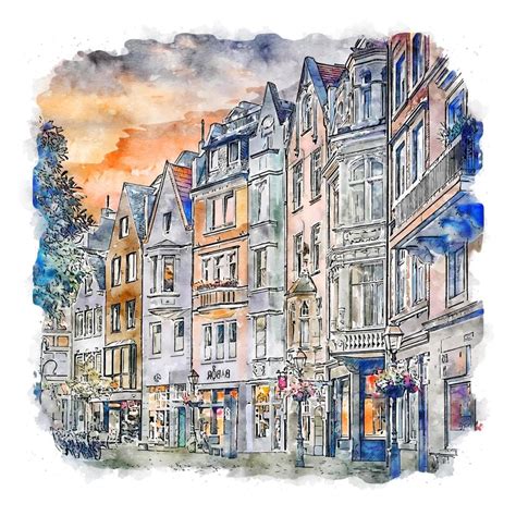 Aachen Germany Watercolor Sketch Hand Drawn Illustration