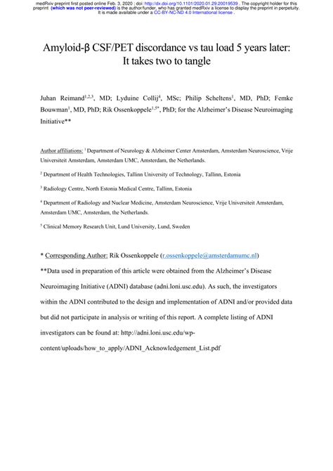 PDF Amyloid Beta CSF PET Discordance Vs Tau Load 5 Years Later It