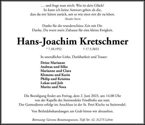 Traueranzeigen Von Hans Joachim Kretschmer Trauer Anzeigen De