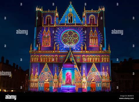 Saint Jean Cathedral During The Fete Des Lumieres Lyon France Stock